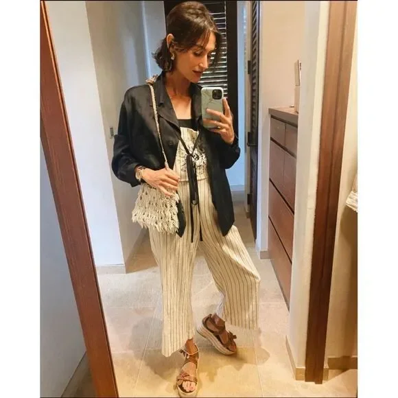 DANNIJO Wide Leg Embroidered Yin Yang Zodiac Cropped Cotton Overalls Jumpsuit - Picture 14 of 14